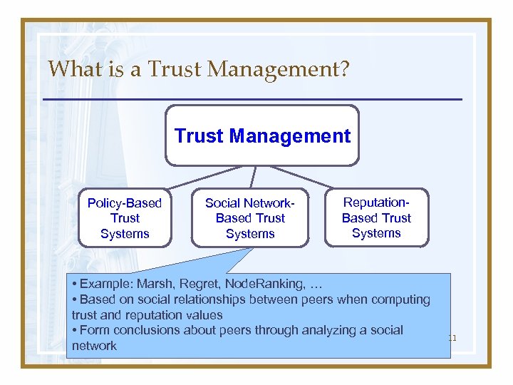 What is a Trust Management? Trust Management Policy-Based Trust Systems Social Network. Based Trust