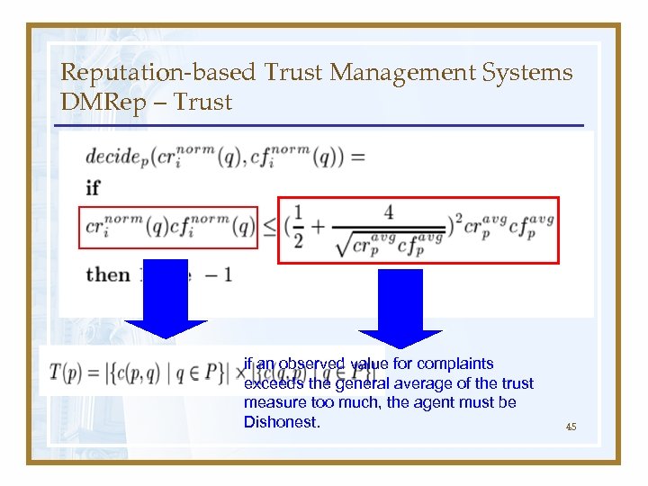 Reputation-based Trust Management Systems DMRep – Trust if an observed value for complaints exceeds