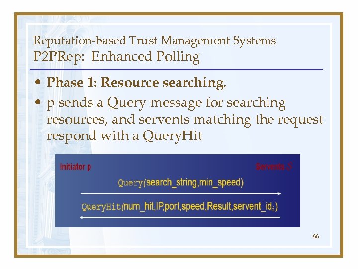 Reputation-based Trust Management Systems P 2 PRep: Enhanced Polling • Phase 1: Resource searching.