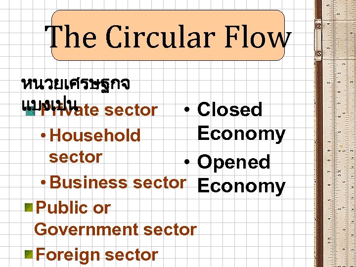 The Circular Flow หนวยเศรษฐกจ แบงเปน sector • Closed Private Economy • Household sector •