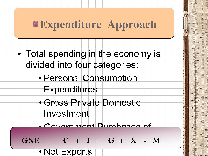 Expenditure Approach • Total spending in the economy is divided into four categories: •
