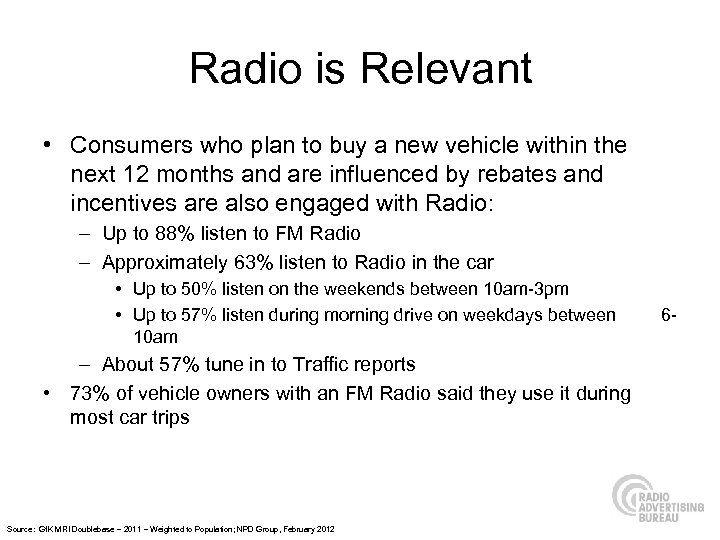 Radio is Relevant • Consumers who plan to buy a new vehicle within the