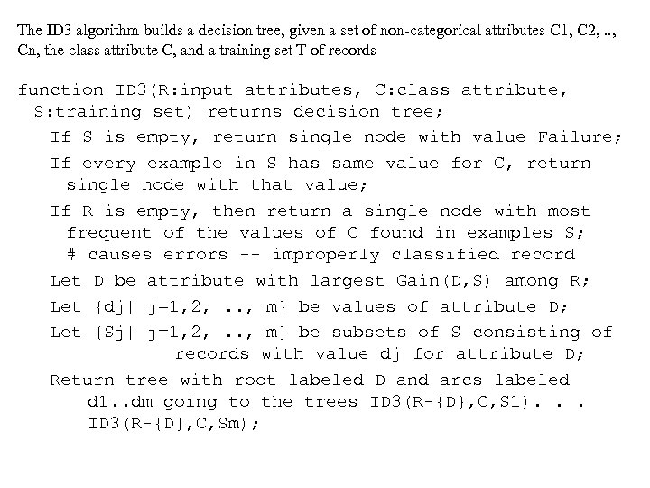 The ID 3 algorithm builds a decision tree, given a set of non-categorical attributes