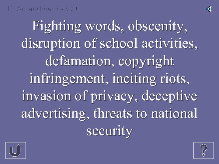 1 st Amendment - 300 Fighting words, obscenity, disruption of school activities, defamation, copyright