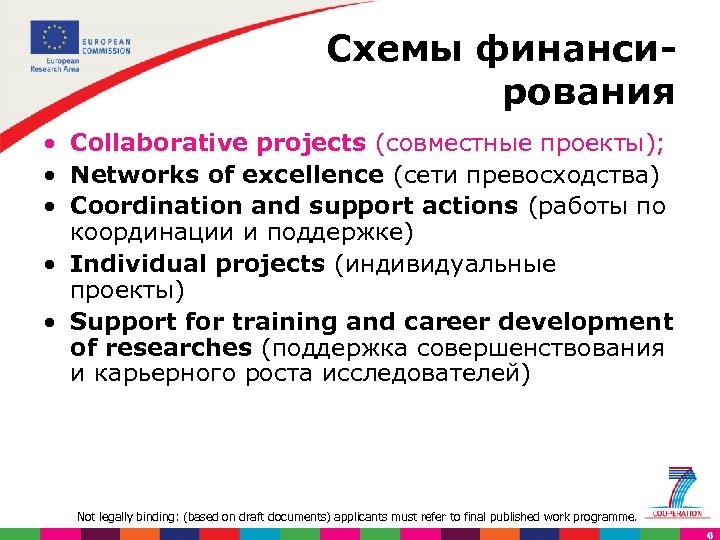 Схемы финанси рования • Collaborative projects (совместные проекты); • Networks of excellence (сети превосходства)