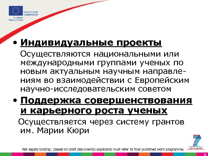  • Индивидуальные проекты Осуществляются национальными или международными группами ученых по новым актуальным научным