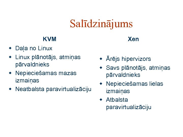 Salīdzinājums KVM w Daļa no Linux w Linux plānotājs, atmiņas pārvaldnieks w Nepieciešamas mazas