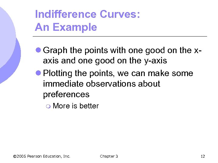 Indifference Curves: An Example l Graph the points with one good on the xaxis