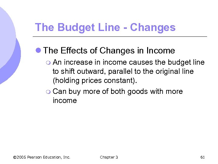 The Budget Line - Changes l The Effects of Changes in Income m An