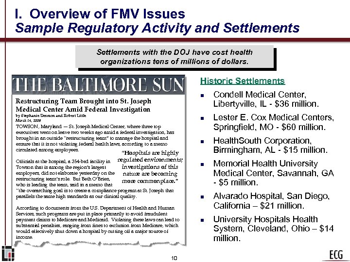 I. Overview of FMV Issues Sample Regulatory Activity and Settlements with the DOJ have