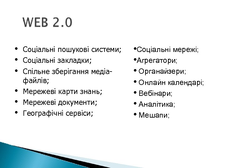  • • • Соціальні пошукові системи; Соціальні закладки; Спільне зберігання медіафайлів; Мережеві карти