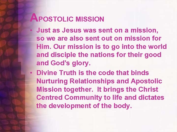 APOSTOLIC MISSION • Just as Jesus was sent on a mission, so we are
