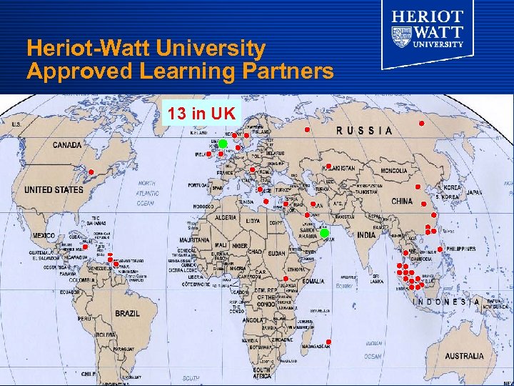 Heriot-Watt University Approved Learning Partners 13 in UK Map of the world with Campuses