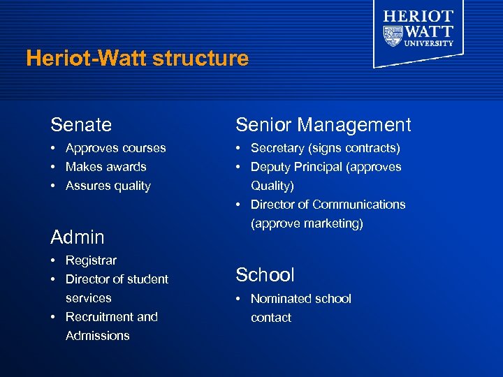Heriot-Watt structure Senate Senior Management • Approves courses • Makes awards • Assures quality