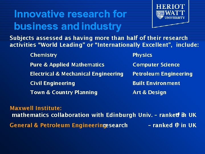 Innovative research for business and industry Subjects assessed as having more than half of