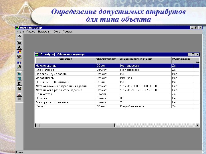 Определение допустимых атрибутов для типа объекта 