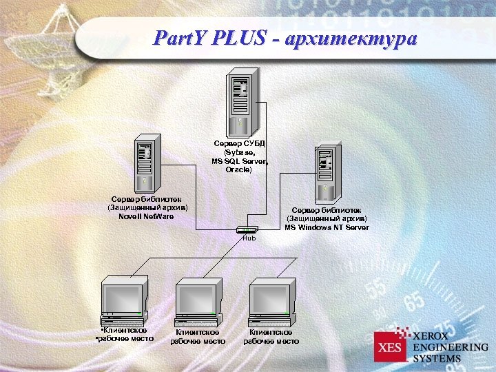 Part. Y PLUS - архитектура Сервер СУБД (Sybase, MS SQL Server, Oracle) Сервер библиотек