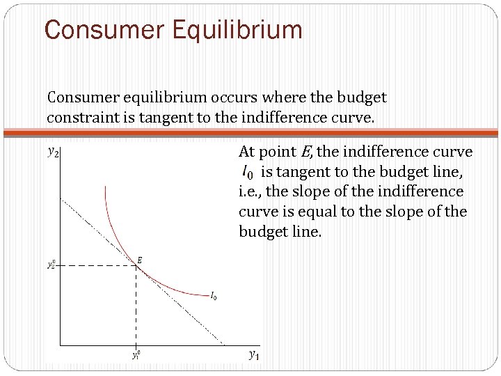 Consumer Equilibrium Consumer equilibrium occurs where the budget constraint is tangent to the indifference