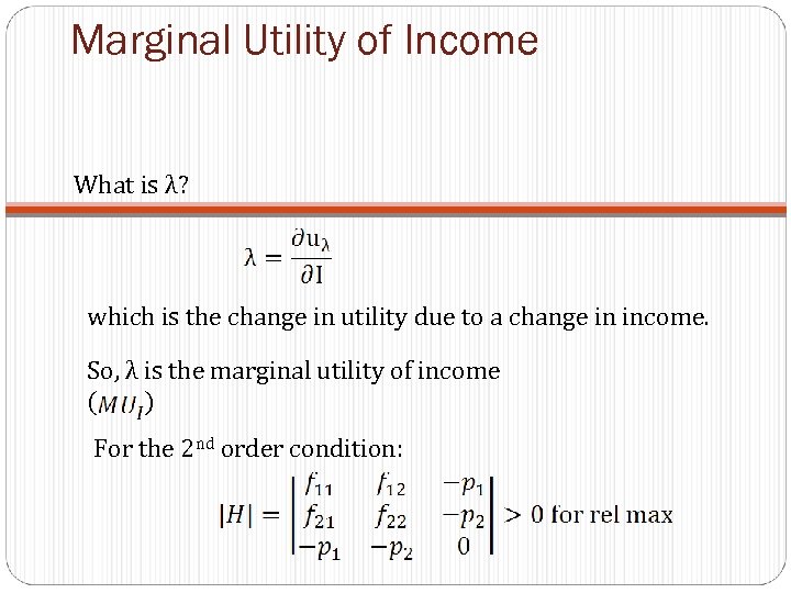 Marginal Utility of Income What is λ? which is the change in utility due