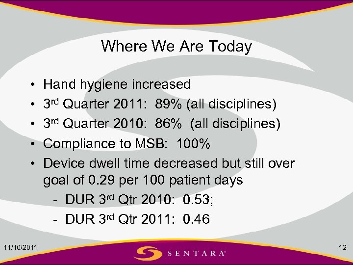 Where We Are Today • • • 11/10/2011 Hand hygiene increased 3 rd Quarter