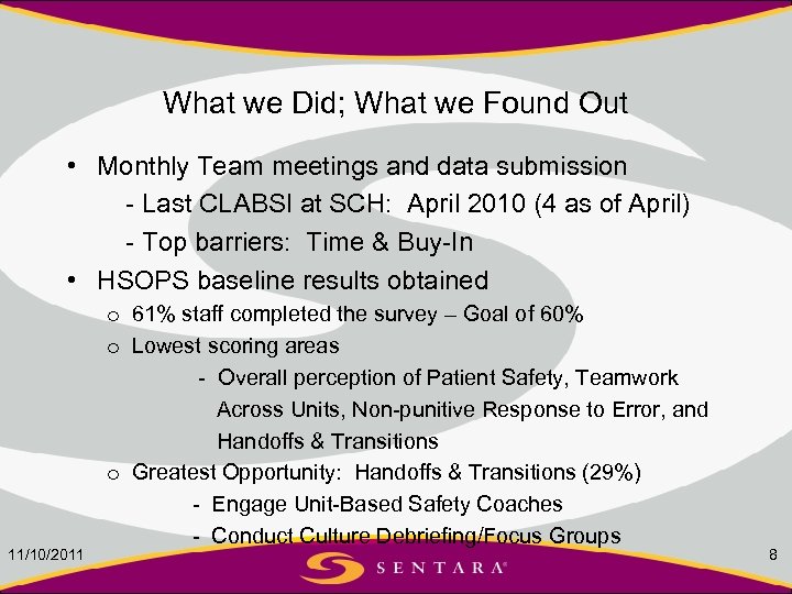 What we Did; What we Found Out • Monthly Team meetings and data submission