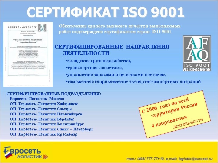 СЕРТИФИКАТ ISO 9001 Обеспечение единого высокого качества выполняемых работ подтверждено сертификатом серии ISO 9001