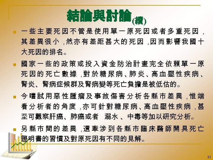 結論與討論(續) n n 一些主要死因不管是使用單一原死因或者多重死因， 其差異很小， 亦有差距甚大的死因， 而影響我國十 然 因 大死因的排名。 國家一些的政策或投入資金防治計畫完全依賴單一原 死因的死亡數據， 於糖尿病、 炎、