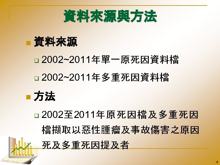 資料來源與方法 n 資料來源 q q n 2002~2011年單一原死因資料檔 2002~2011年多重死因資料檔 方法 q 2002至 2011年原死因檔及多重死因 檔擷取以惡性腫瘤及事故傷害之原因 死及多重死因提及者