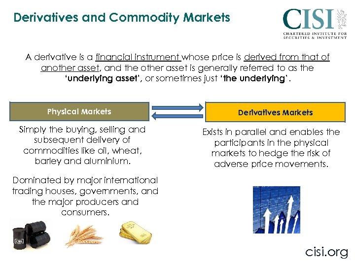 Derivatives and Commodity Markets A derivative is a financial instrument whose price is derived