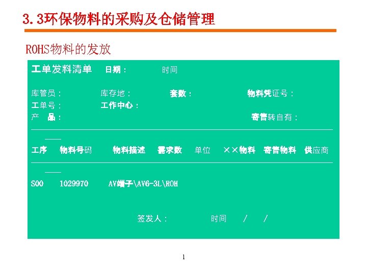 3. 3环保物料的采购及仓储管理 ROHS物料的发放 单发料清单 日期： 时间 库管员： 库存地： 套数： 物料凭证号： 单号： 作中心： 产 品：