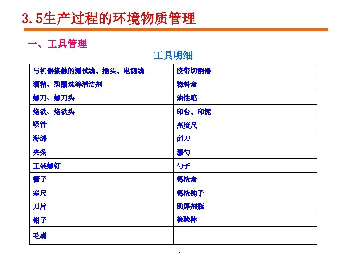 3. 5生产过程的环境物质管理 一、 具管理 具明细 与机器接触的测试线、插头、电源线 胶带切割器 酒精、碧丽珠等清洁剂 物料盒 螺刀、螺刀头 油性笔 烙铁、烙铁头 印台、印泥 吸管