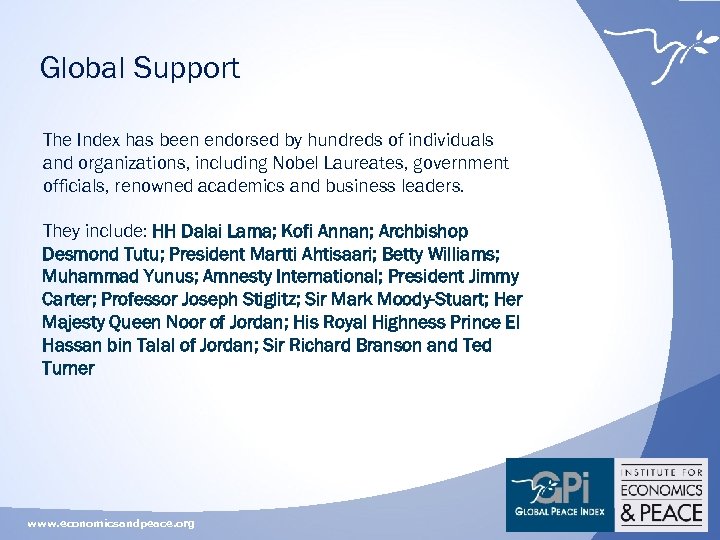 Global Support The Index has been endorsed by hundreds of individuals and organizations, including
