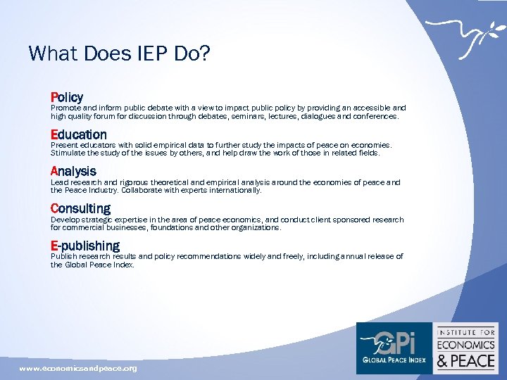 What Does IEP Do? Policy Promote and inform public debate with a view to