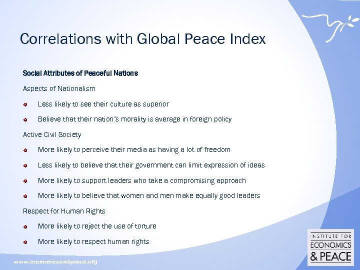 Correlations with Global Peace Index Social Attributes of Peaceful Nations Aspects of Nationalism Less