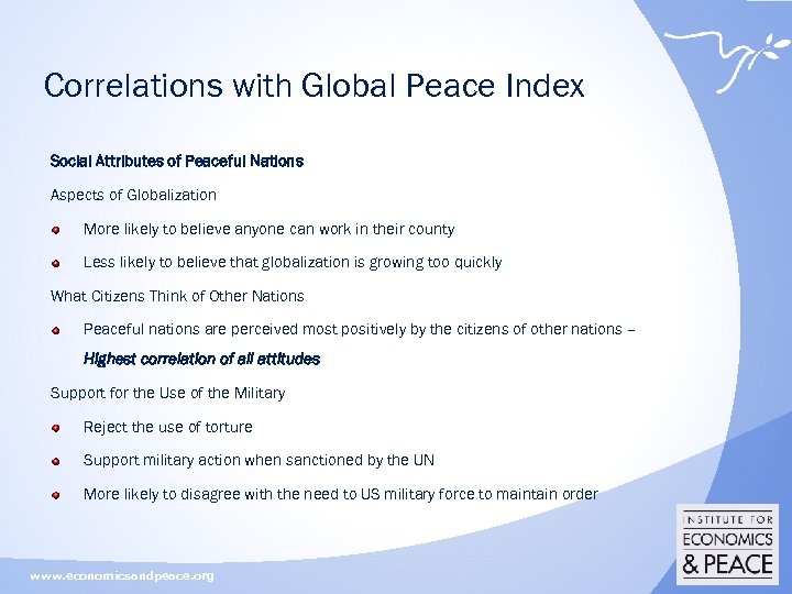 Correlations with Global Peace Index Social Attributes of Peaceful Nations Aspects of Globalization More