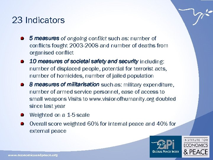 23 Indicators 5 measures of ongoing conflict such as: number of conflicts fought 2003