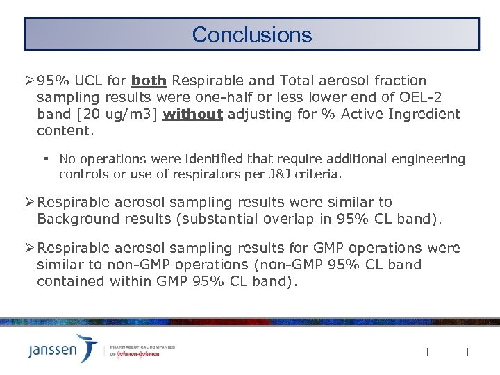 Conclusions Discussion Ø 95% UCL for both Respirable and Total aerosol fraction sampling results