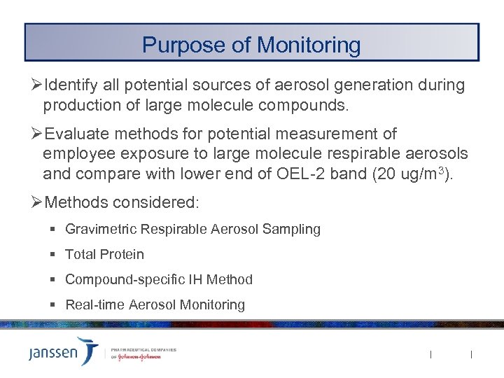 Purpose of Monitoring ØIdentify all potential sources of aerosol generation during production of large