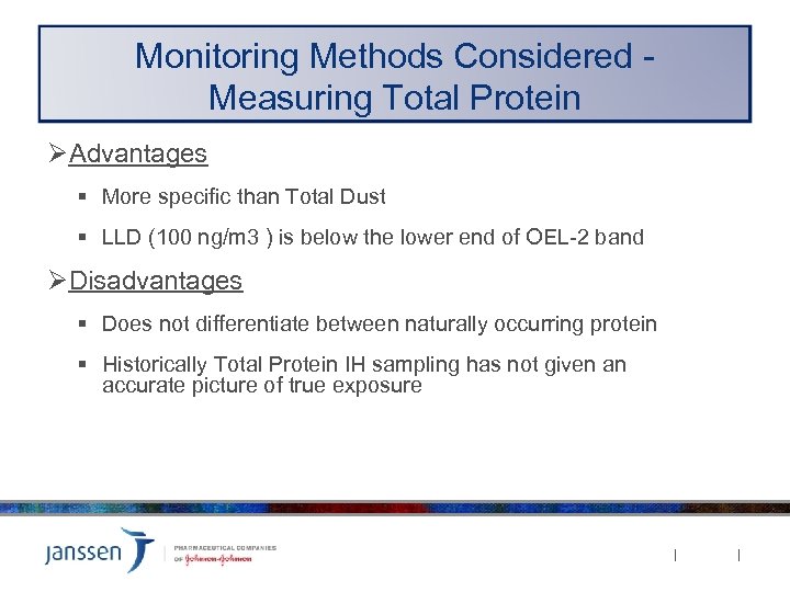 Monitoring Methods Considered Measuring Total Protein ØAdvantages § More specific than Total Dust §