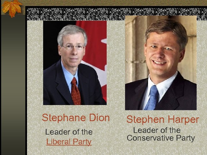 Stephane Dion Leader of the Liberal Party Stephen Harper Leader of the Conservative Party