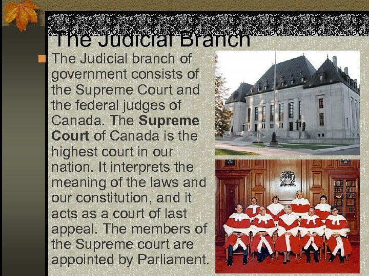 The Judicial Branch n The Judicial branch of government consists of the Supreme Court
