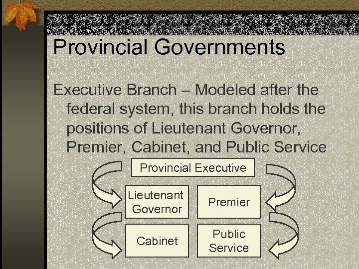 Provincial Governments Executive Branch – Modeled after the federal system, this branch holds the