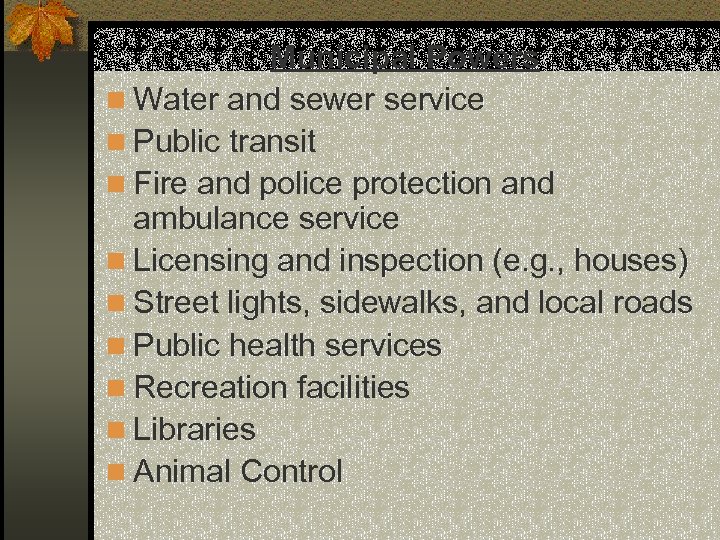 Municipal Powers n Water and sewer service n Public transit n Fire and police