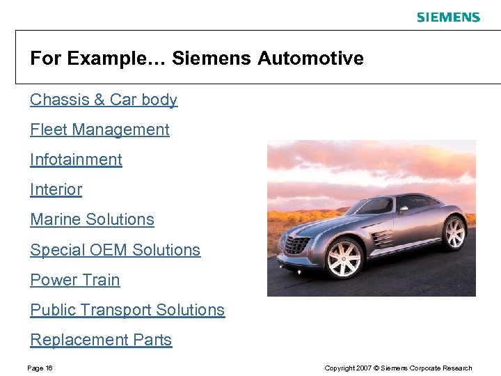 For Example… Siemens Automotive Chassis & Car body Fleet Management Infotainment Interior Marine Solutions