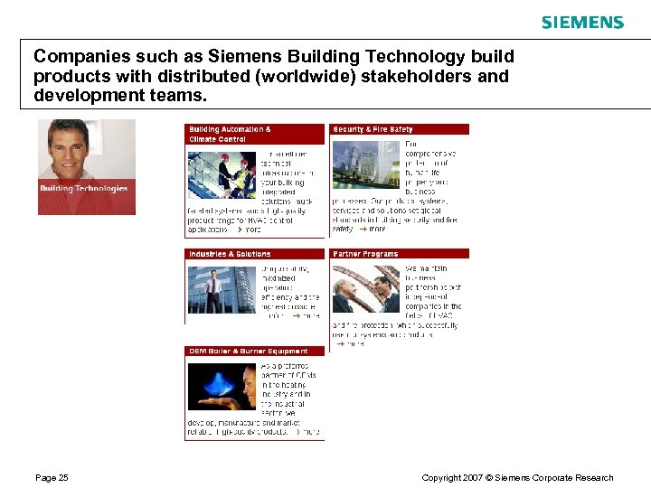 Companies such as Siemens Building Technology build products with distributed (worldwide) stakeholders and development