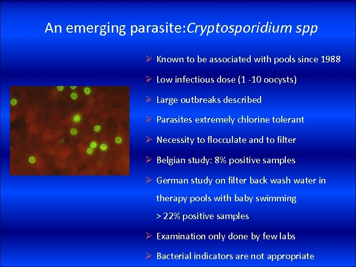 An emerging parasite: Cryptosporidium spp Ø Known to be associated with pools since 1988