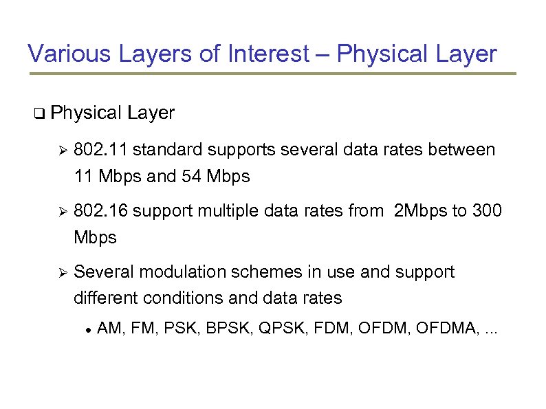 Various Layers of Interest – Physical Layer 802. 11 standard supports several data rates