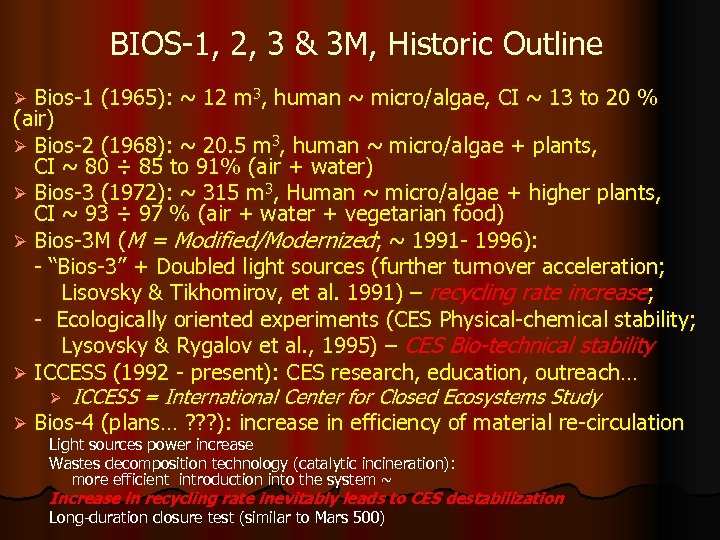 BIOS-1, 2, 3 & 3 M, Historic Outline Bios-1 (1965): ~ 12 m 3,
