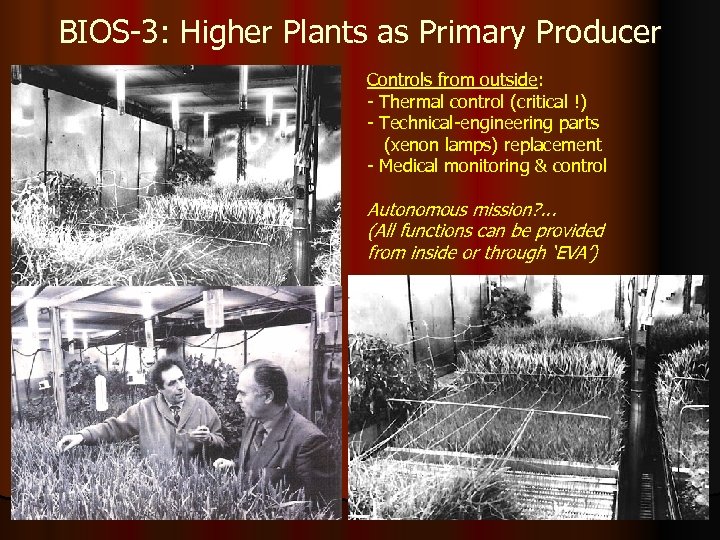 BIOS-3: Higher Plants as Primary Producer Controls from outside: - Thermal control (critical !)