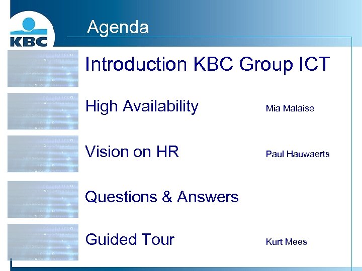 Agenda Introduction KBC Group ICT High Availability Mia Malaise Vision on HR Paul Hauwaerts